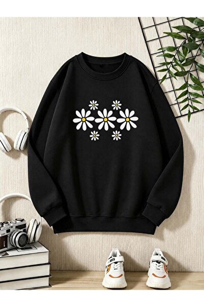 Trend Sizde Hanorac unisex cu imprimeu Daisy, cu gâtul tip crewneck