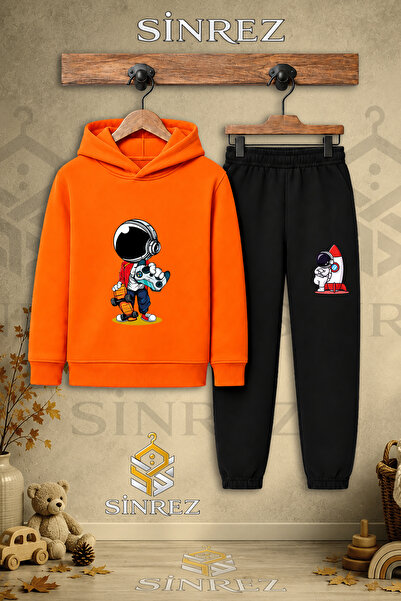 SİNREZ Children's Unisex Single Astronaut Printed Hooded Tracksuit Set with G...