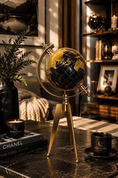Sleep Nova Gold Siyah Dekoratif Dünya Küresi – Metal Tripod Ayaklı Lüks Masaü...