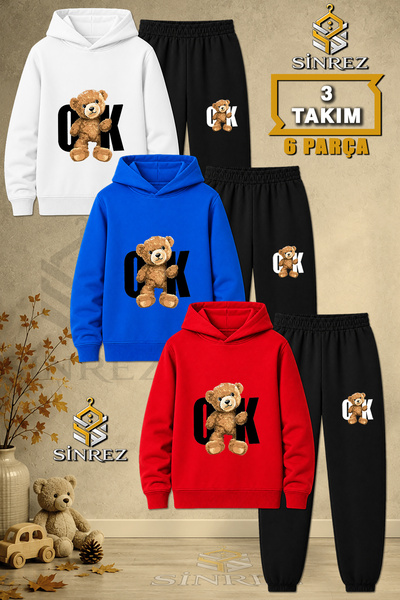 SİNREZ Children's Unisex 3Lu Set Teddy Bear Arrow Black Printed Hooded Tracks...