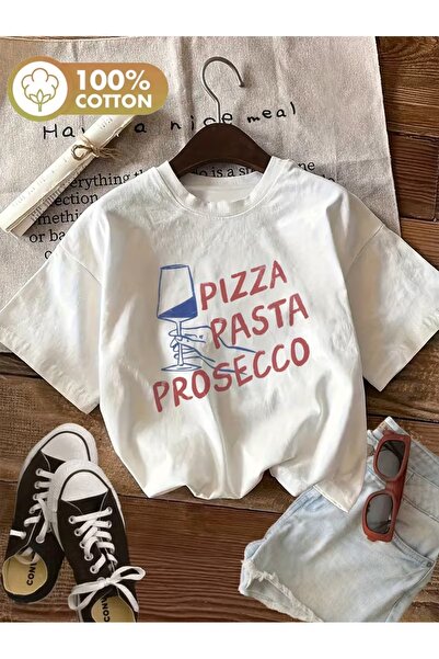 AEMİ Tricou unisex cu imprimeu Pizza Pasta, supradimensionat, cu gât rotund