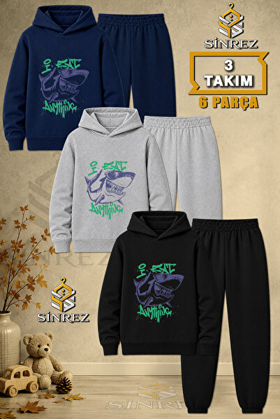SİNREZ Children's Unisex 3Lu Set Dog Fish Purple Green Text Printed Hooded Tr...