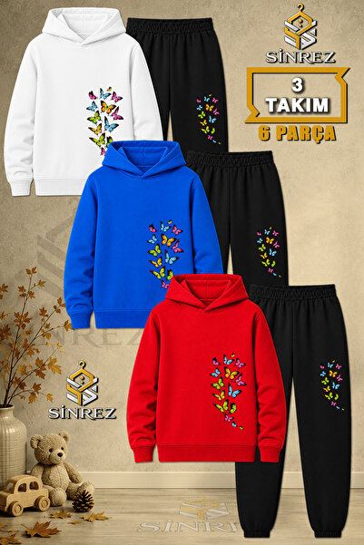 SİNREZ Children's Unisex 3Lu Set Multiple Butterfly Soleni Printed Hooded Tra...