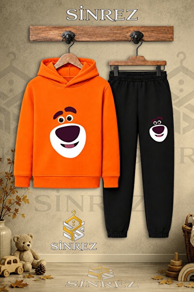 SİNREZ Children's Unisex Single Bear Smiling Face Printed Hooded Tracksuit Set