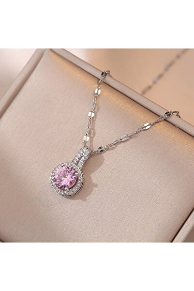 Peach Jewelry Γυναικείο Κολιέ Από Ανοξείδωτο Ατσάλι 304 Με Ζιργκόν Ροζ Ασημί