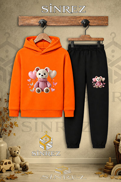 SİNREZ Children's Unisex Single Teddy Bear Pink Balloon Printed Hooded Tracks...