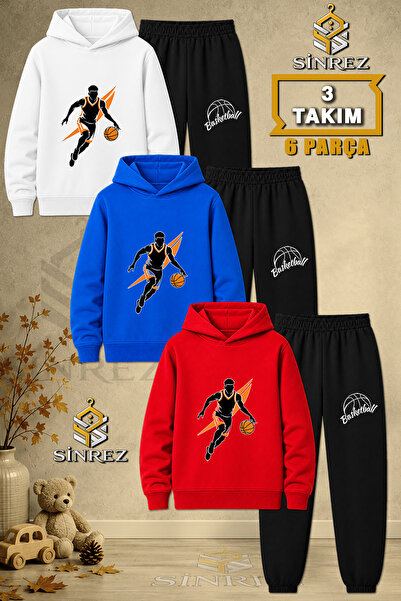 SİNREZ Children's Unisex 3Lu Set Basketball Player Black Orange Printed Hoode...