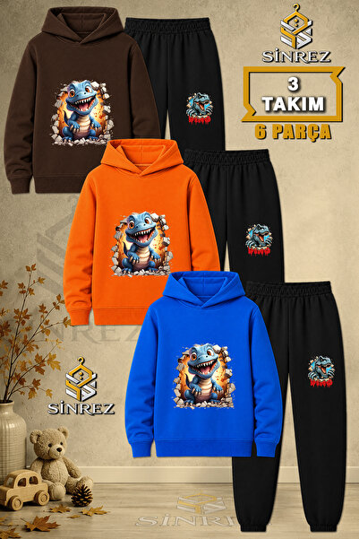 SİNREZ Children's Unisex 3Lu Set Dinosaur Blue Cave Print Hooded Tracksuit Set