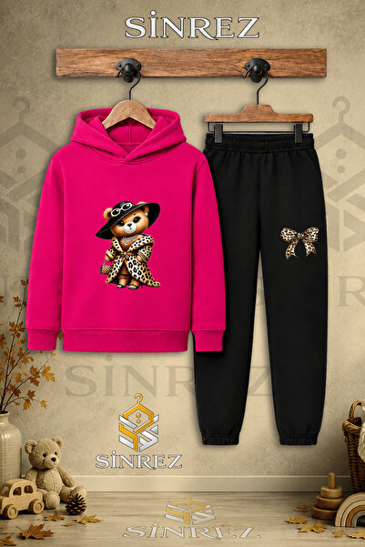 SİNREZ Children's Unisex Single Bear and Leopard Fur Printed Hooded Tracksuit...