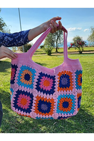 Almin Canlı Renkli Kare Motifli Tığ İşi Örgü Omuz Çantası
