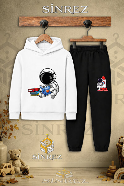SİNREZ Children's Unisex Single Astronaut Reading Book Printed Hooded Tracksu...