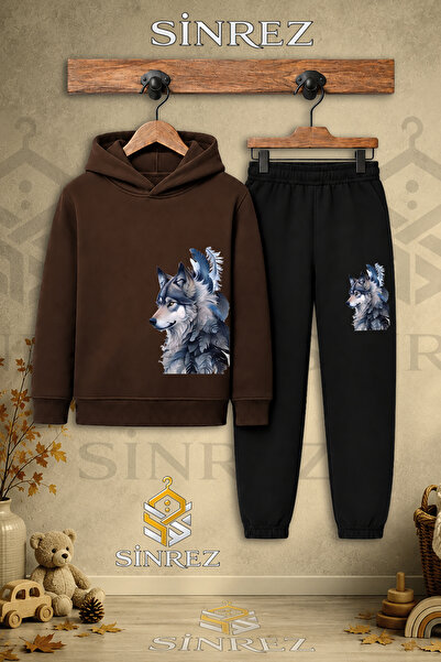 SİNREZ Children's Unisex Single Wolf Gray Side Printed Hooded Tracksuit Set