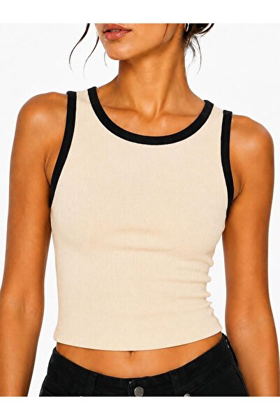 FİFTY ONE Kadın Kaşkorse Crop Atlet Bisiklet Yaka Esnek Kumaş Basic Crop Top