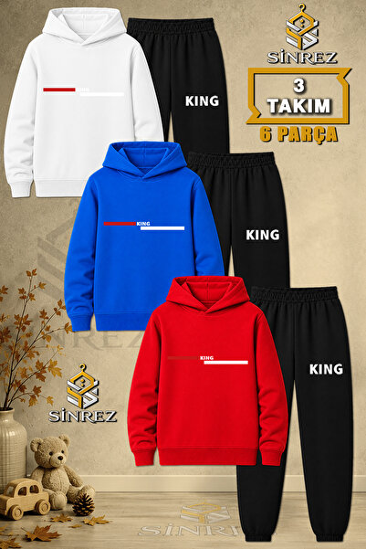 SİNREZ Children's Unisex 3Lu Set King Red White Side Stripe Printed Hooded Tr...