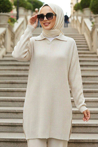 N.S NEVA STYLE Krem Tesettür Triko Kazak 10921KR
