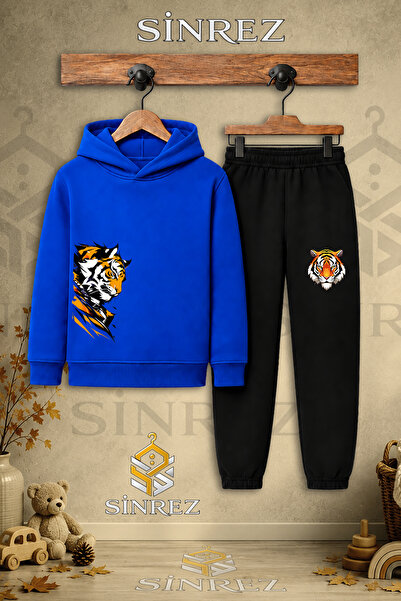SİNREZ Children's Unisex Single Tiger Hooded Tracksuit Set with Sagging Print...