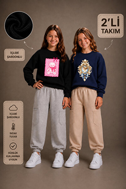 twins tailors Κοριτσίστικο σετ παιδικής φόρμας 2 τεμαχίων με στάμπα ροζ αρκου...
