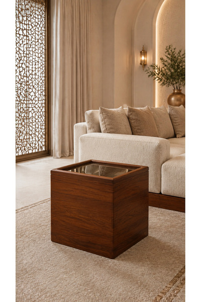 Heven Homes KSA Modern Glass-Top Majlis Side Table – Black & White MDF, 50 × 50 × 50 cm