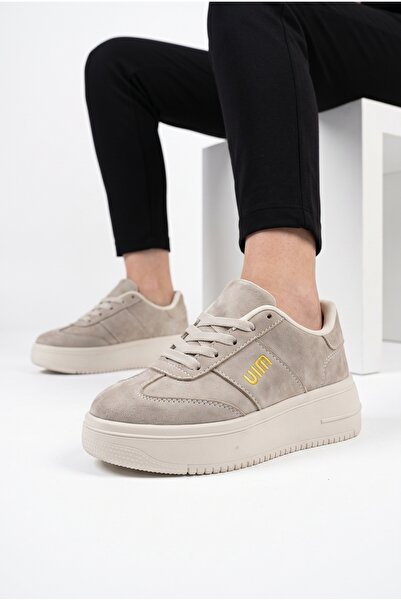 Slipcat Kadın, Süet Doku, 5 cm Kalın Tabanlı, Bağcıklı, Günlük Sneaker Ayakkabı