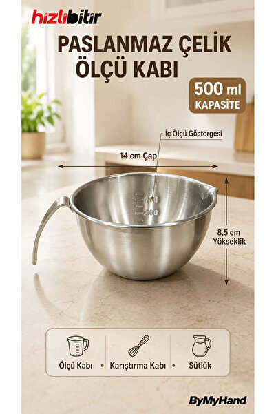 ByMyHand Paslanmaz Çelik Ölçü Kabı Karıştırma Kabı Sütlük Süt Potu 400 Ml