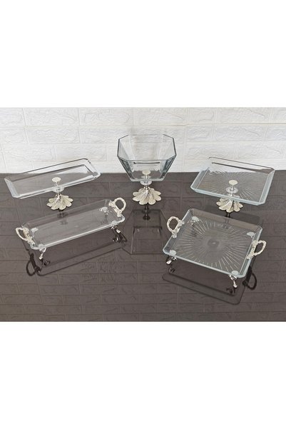 atabey home 5 Parça Gümüş Semerkand Ayaklı ve Kulplu Sunumluk & Çeyiz Set |Pasta–Kurabiye–Tatlı–Servis Tabağı-Kase
