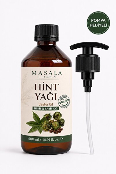 Masala Soğuk Sıkım Hint Yağı 500 ml – %100 Saf Castor Oil, Kilitli Kapak ve Pompa Hediyeli