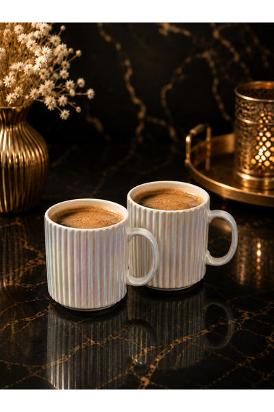YzHome 2 Li Porselen Gold Gümüş Lüsterli Çizgili Çay Kahve Kupası Bardak Kupa...