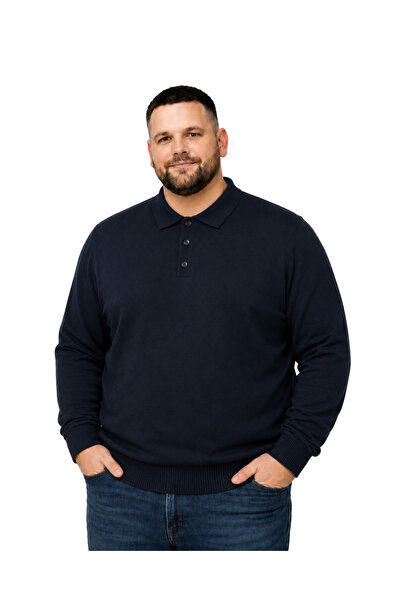 BattalModa Men's Large Size Navy Blue Buttoned Polo Collar Knitwear Sweater 3...