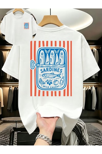 AEMİ Unisex Sardines Printed Oversize Crew Neck T-Shirt