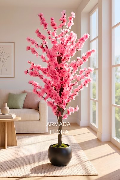 Armada Flora Premium 140 cm Yapay Pembe Bahar Dalı Ağacı - 27*33 Küre Saksılı