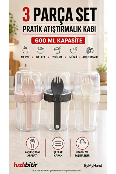 ByMyHand Plastik Çatallı Hazneli Yoğurt Meyve ve Sebze Musli Kabı 600 Ml (Kar...