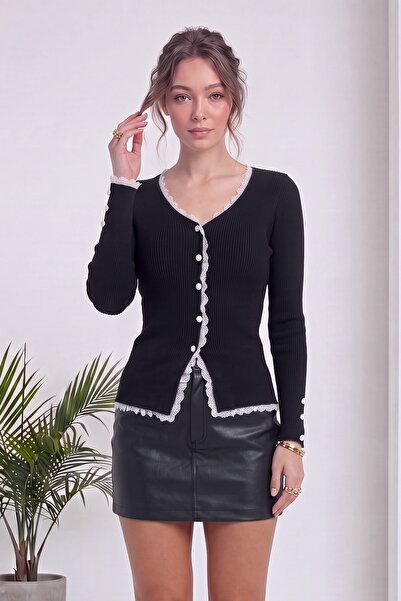 zks grup tekstil Cardigan de damă din tricotaj cu dantelă și nasturi, negru, ...