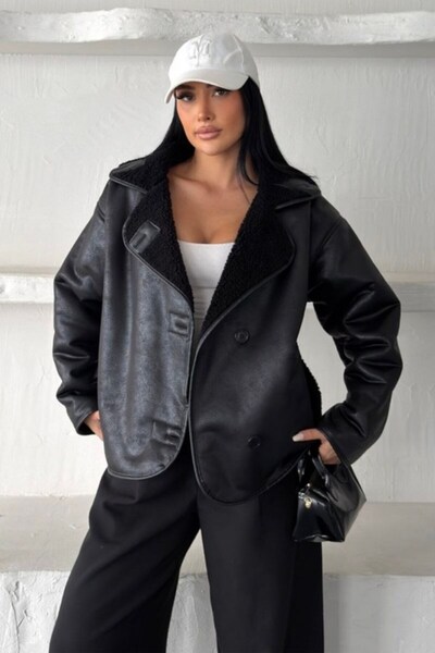 AKD Atelier Women's Laminated Coat with Plush Inner, Double Pockets, Long Sle...