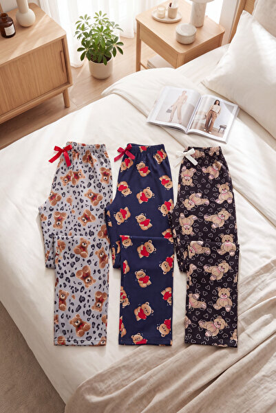 Pijahane Kadın 3'lü Ayıcık Desenli Pijama Altı Rahat Ev Pijaması