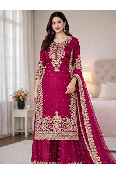 MYSMAR Magenta Silk Embroidered Kurta Palazzo Set - HRT9459 | Magenta-Size:M-...