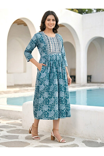 MYSMAR TealBlue Floral Printed Rayon Anarkali Kurti - VVB9529 | c-Size:M-38-I...