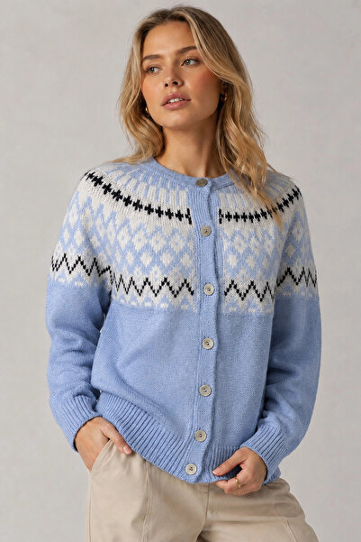 Lusin Women's Baby Blue Stylish Patterned Buttoned Crew Neck Knitwear Cardigan