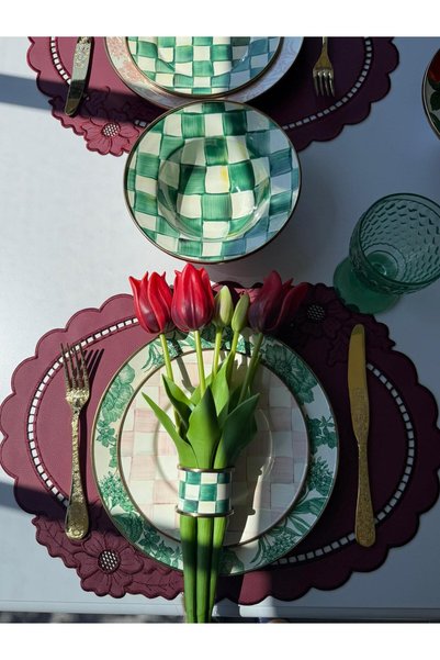 NC Home Design Floral Bordo Deri Oval Amerikan Servis - 6 Kişilik
