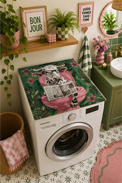ALAMODECOR Tuvaletteki Yeşil İnek Model Çamaşır Makine Örtüsü - 60x60