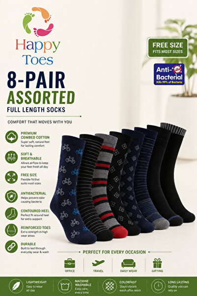 HAPPY TOES 8-Pack Crew Socks Cotton Blend Soft Breathable Durable Stretchable...