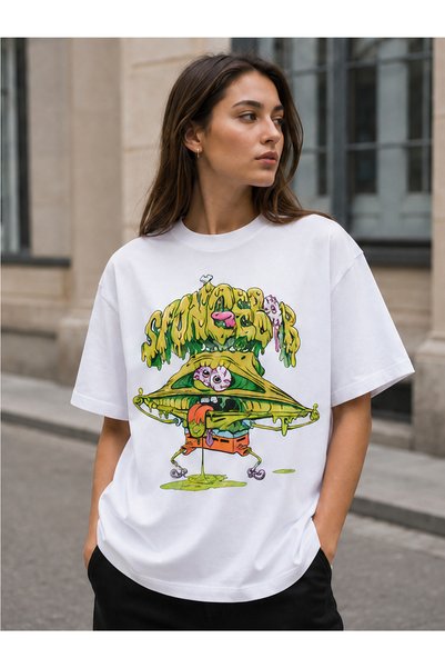 fingerjewerly Spongebob Printed Oversize T-Shirt Unisex 80% Cotton Boxy Fit Streetwear T-Shirt Thick Textured