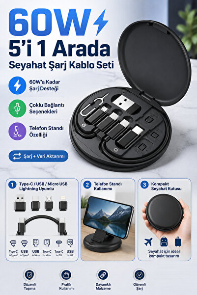 Hane Dostu 60W 5'i 1 Arada Seyahat Şarj Kablo Seti Type-C USB Micro USB Dönüş...