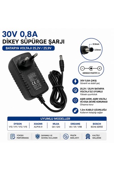 TEM 30V 0,8A Dikey Süpürge Şarj Adaptörü – 5.5×2.5 mm DC Uç, 25,2V / 25,9V Batarya Uyumlu