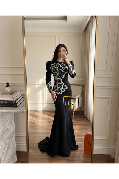 baytalkuayt 5015 Embossed Long-Sleeved Evening Dress with Floral Embroidery