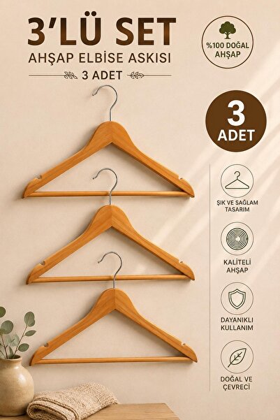 İndirimKap 3 Adet Ahşap Elbise Askısı Ahşap Kıyafet Askı - Elbise Askı