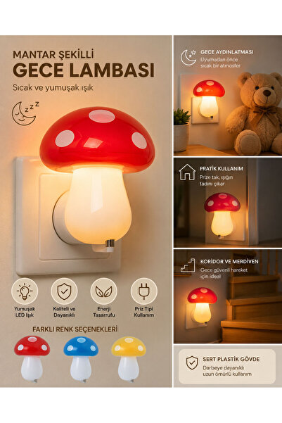 Bigohobi Mantar Şeklinde LED Gece Lambası, Prize Takılan Çocuk Odası, Koridor...