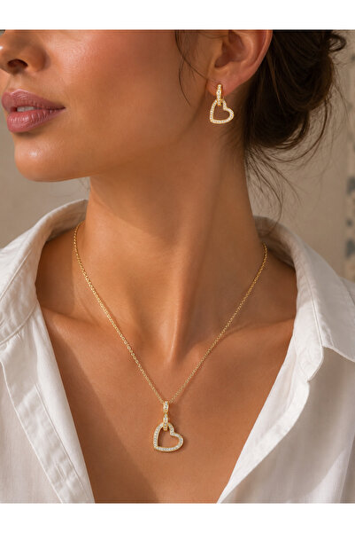 FASHION Women's Gold Color Zircon Stone Heart Model Necklace Earring Set Does...