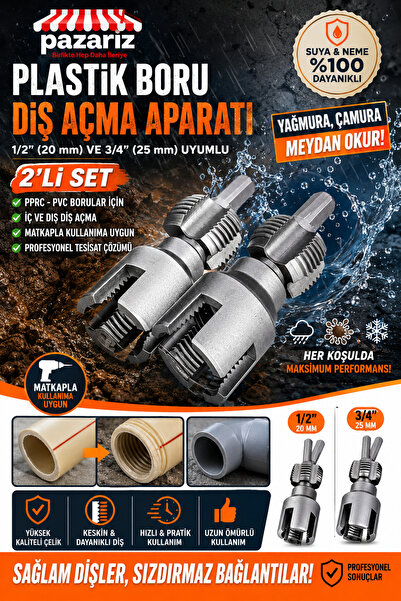pazariz PPRC PVC Plastik Boru Diş Açma Seti 2’li 1/2” 3/4” 20-25mm Pafta Tesisatçı Klavuz Rayba Matkap Adaptörlü Tamir Onarım Montaj Aparatı