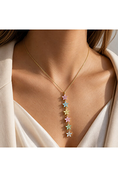 nerora Gold Long Dangling Colorful Flower Figured Necklace