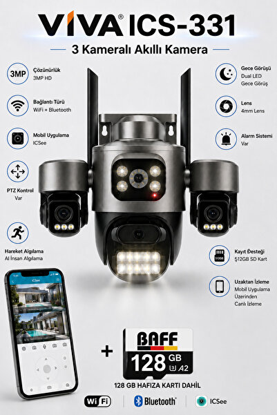 VİVA ICS-331 3 Kameralı Akıllı Dış Mekan PTZ WiFi Güvenlik Kamerası (3MP, ICS...